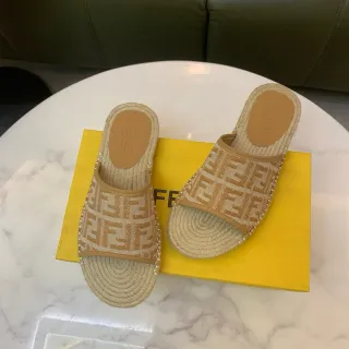 Fendi FF Monogram Espadrille Slipper Beige Brown Jacquard Strap Woven Sole Slippers