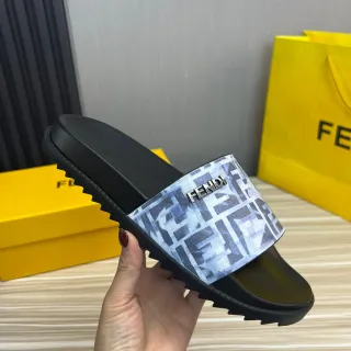 Fendi FF Slide Black Multicolor Monogram Print Metallic Logo Plaque Slippers
