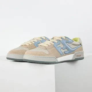 Fendi FF Sneaker Beige Blue Layered Suede And Leather Upper Bold Motif Overlay Sneakers