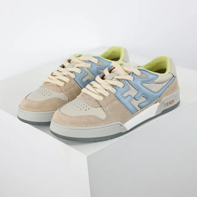 Fendi FF Sneaker Beige Bleu Baskets Multicouche Daim Et Cuir Partie Supérieure Motif Bold Overlay 2