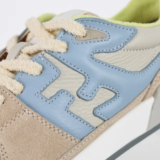 Fendi FF Sneaker Beige Bleu Baskets Multicouche Daim Et Cuir Partie Supérieure Motif Bold Overlay 6