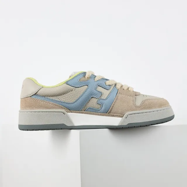 Fendi FF Sneaker Beige Bleu Baskets Multicouche Daim Et Cuir Partie Supérieure Motif Bold Overlay 7