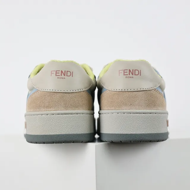 Fendi FF Sneaker Beige Bleu Baskets Multicouche Daim Et Cuir Partie Supérieure Motif Bold Overlay 8