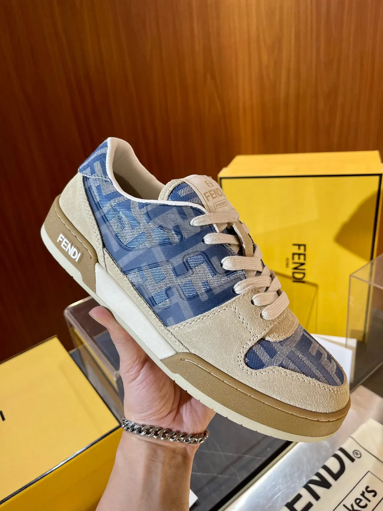 Fendi FF Sneaker Blue Beige Monogram Jacquard Suede Overlays Sneakers 2