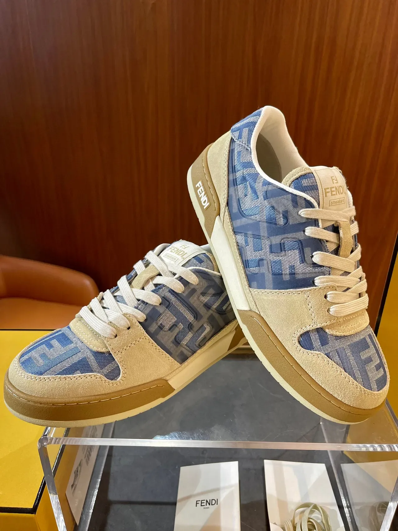 Fendi FF Sneaker Blue Beige Monogram Jacquard Suede Overlays Sneakers 3