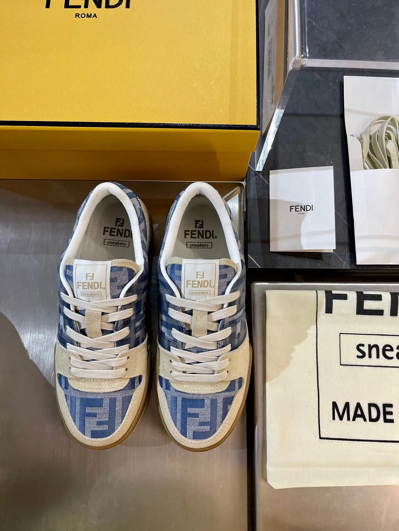 Fendi FF Sneaker Blue Beige Monogram Jacquard Suede Overlays Sneakers 4