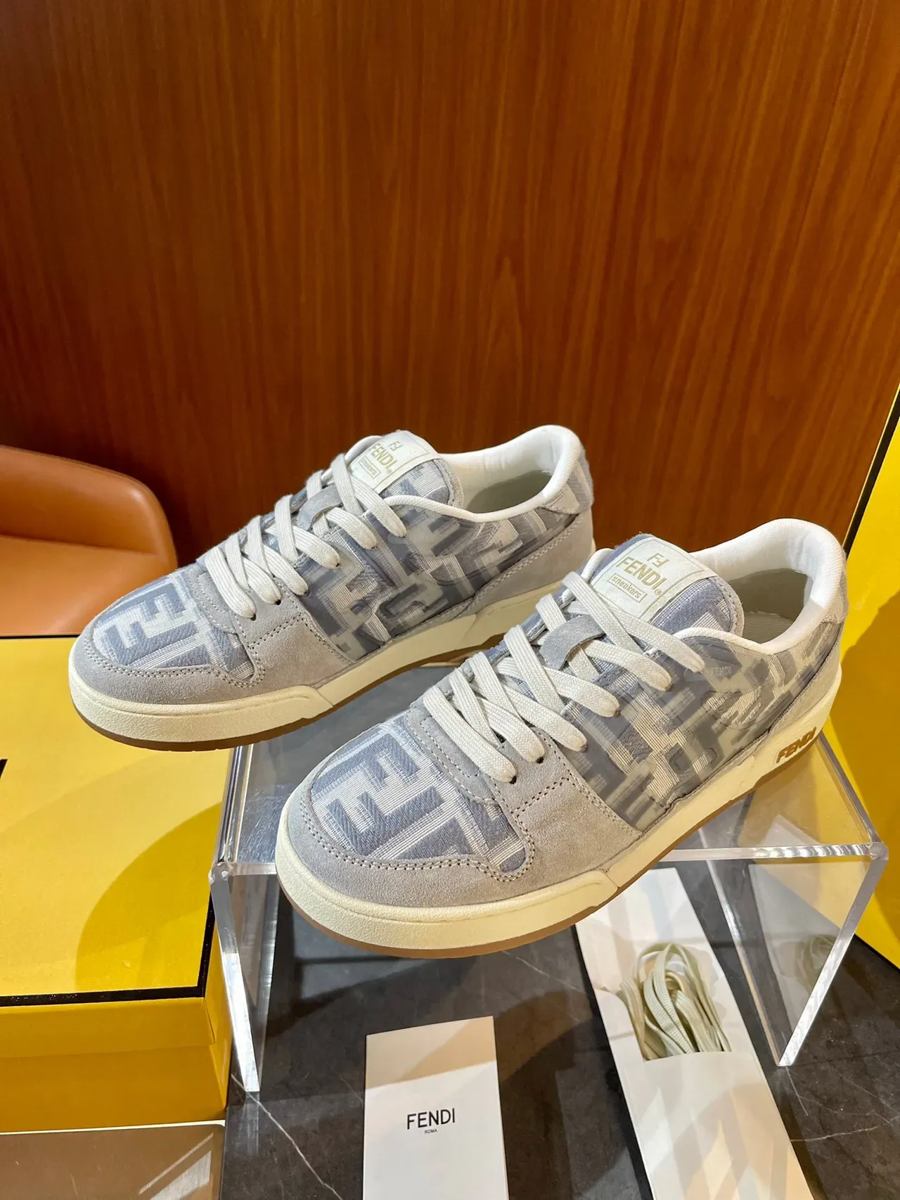 Fendi FF Sneaker Blue Beige Monogram Jacquard Suede Overlays Sneakers 5