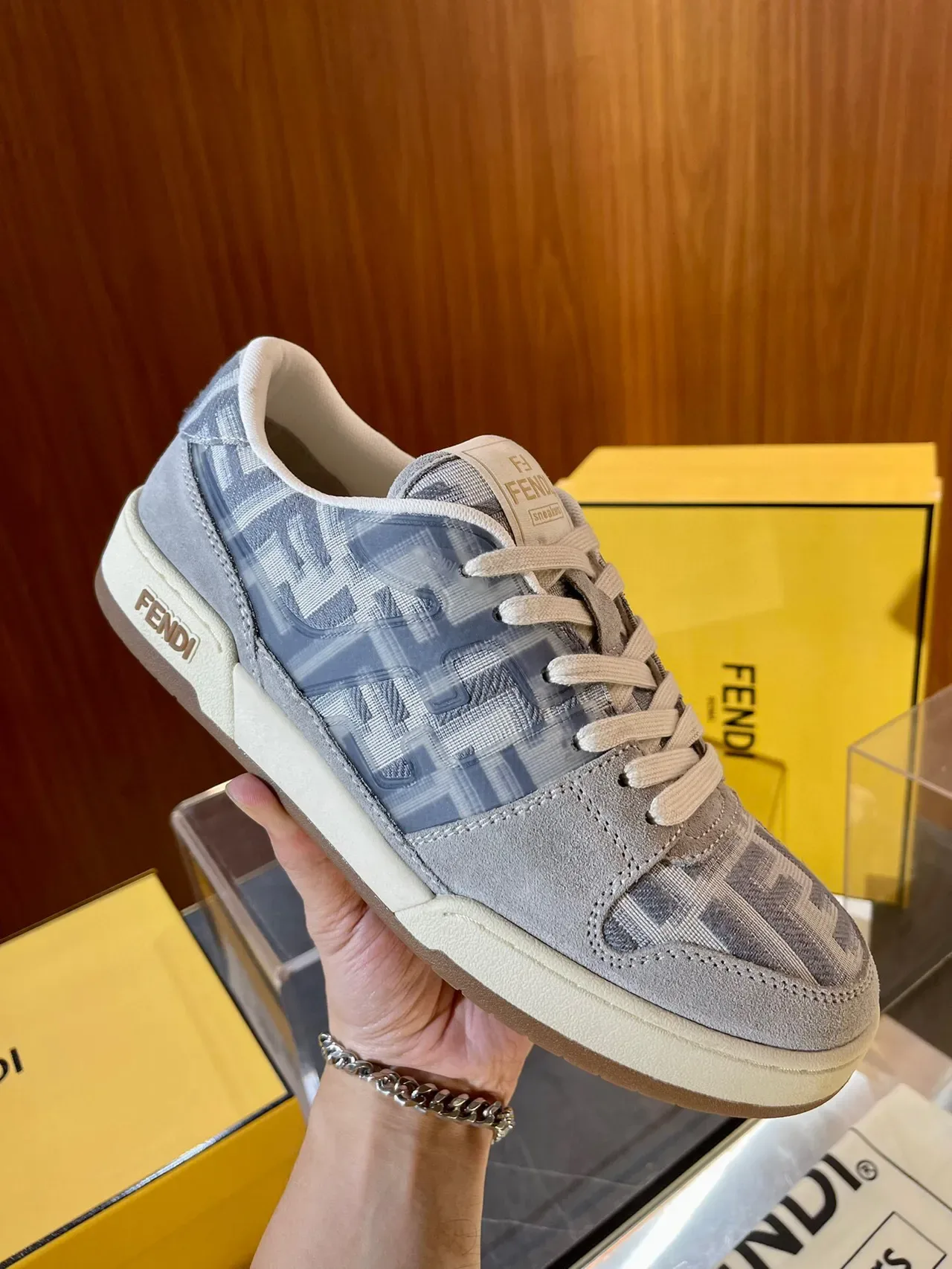 Fendi FF Sneaker Blue Beige Monogram Jacquard Suede Overlays Sneakers 6