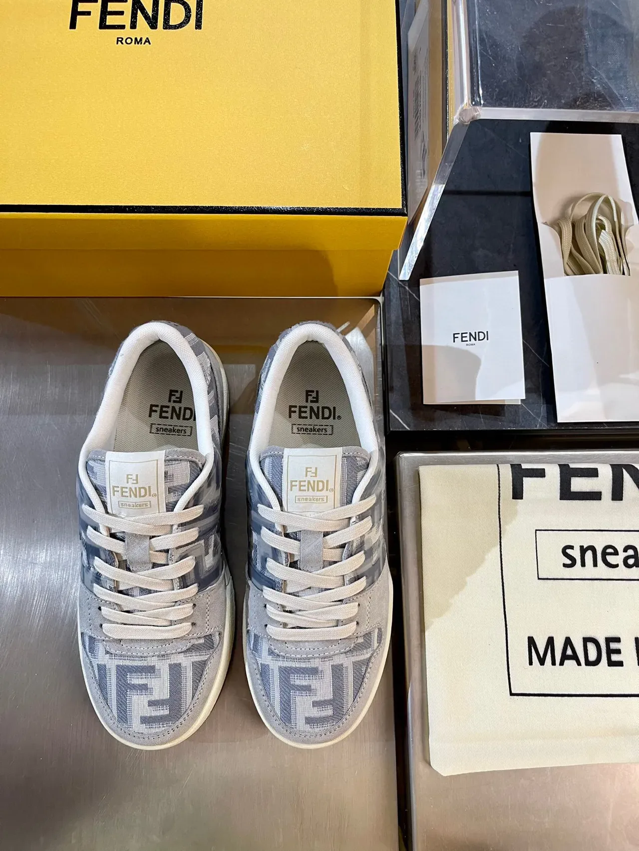 Fendi FF Sneaker Blue Beige Monogram Jacquard Suede Overlays Sneakers 7