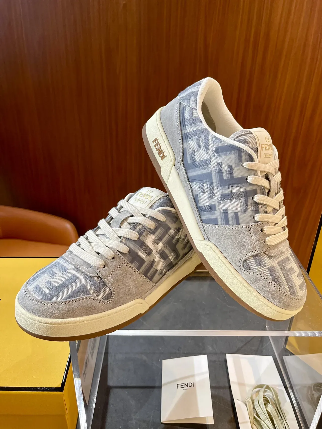 Fendi FF Sneaker Blue Beige Monogram Jacquard Suede Overlays Sneakers 8