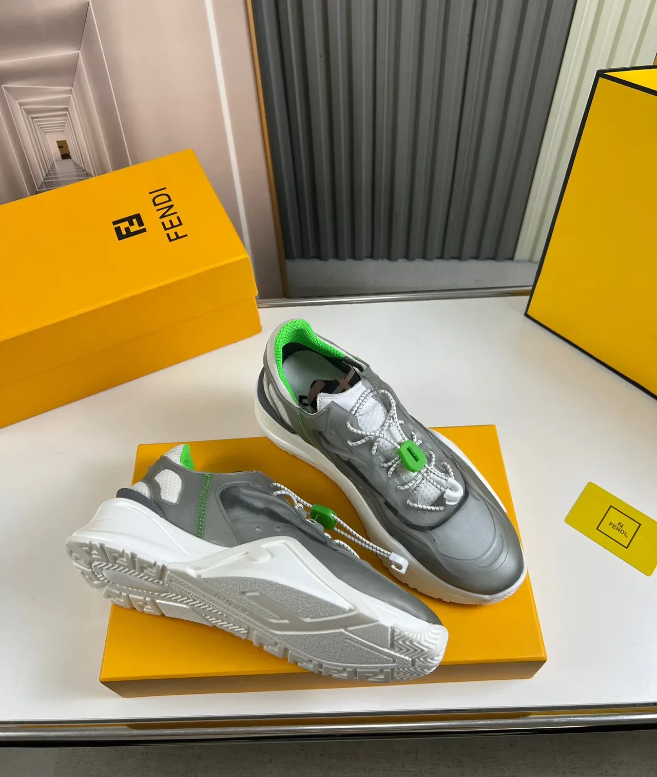 Fendi Gris Verde Suela Esculpida Malla y Sintético Superior Zapatillas Chunky 5