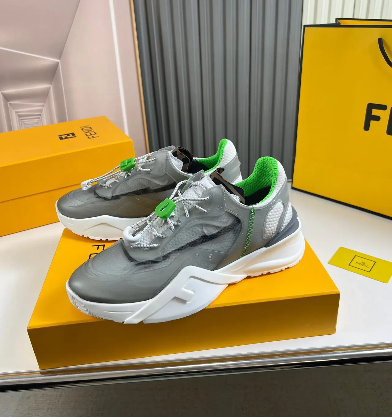 Fendi Gris Verde Suela Esculpida Malla y Sintético Superior Zapatillas Chunky 8