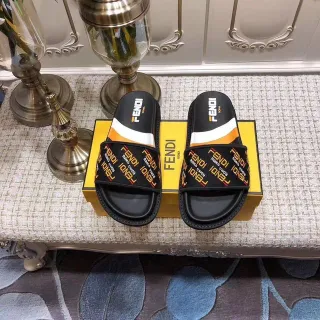 Fendi Logo-Repeat Slides Black Orange Strap Molded Rubber Sole Slippers