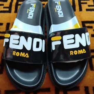 Fendi Roma Logo Strap Black Slippers