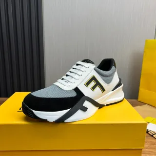 Fendi White Black Sculpted Sole Mixed-Material Upper Chunky Sneakers