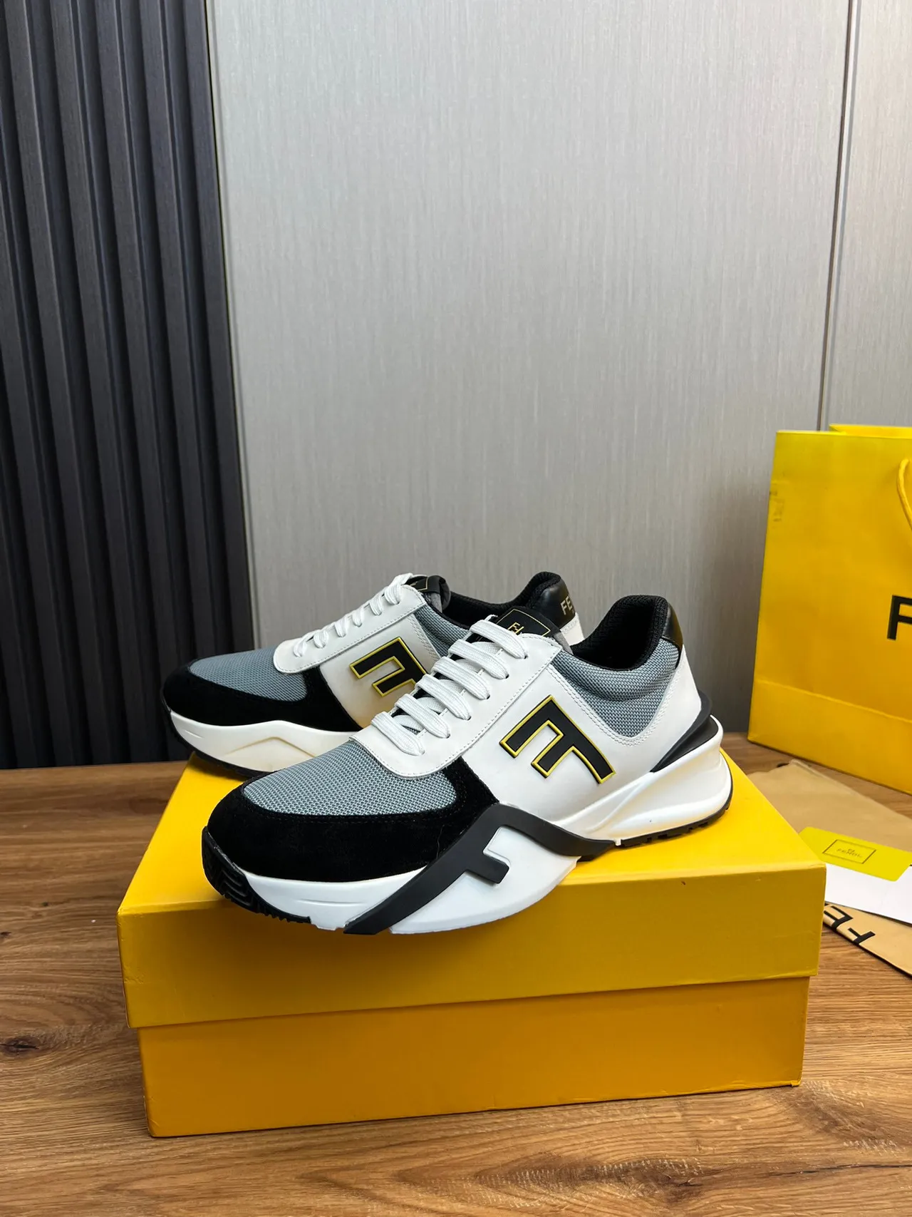 Fendi White Black Sculpted Sole Mixed-Material Upper Chunky Sneakers 3