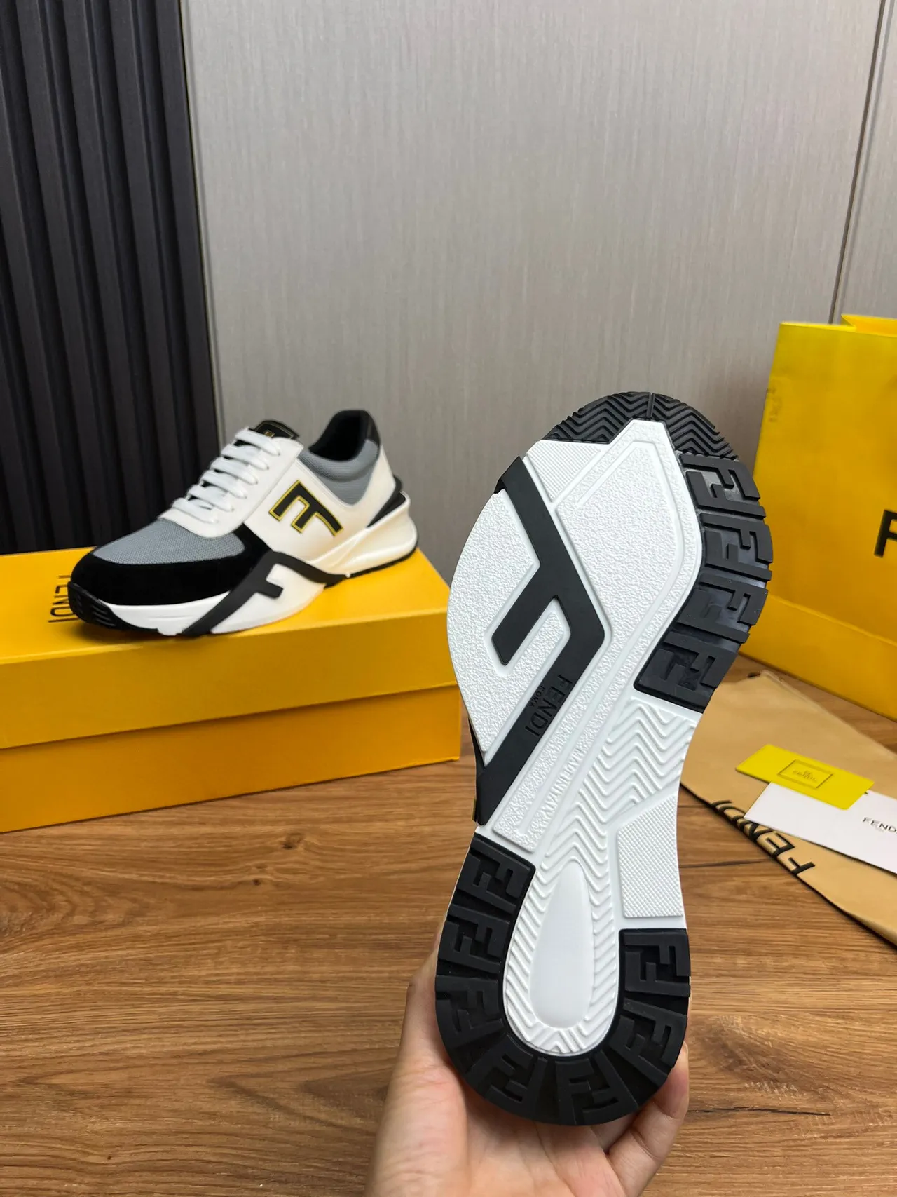 Fendi White Black Sculpted Sole Mixed-Material Upper Chunky Sneakers 9