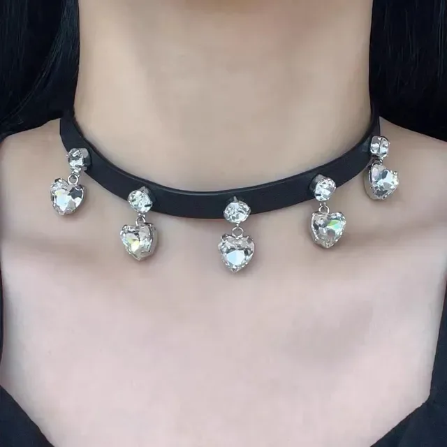 Alessandra Rich Black Silver Leather Choker Heart-Shaped Crystal Charms Necklace 3