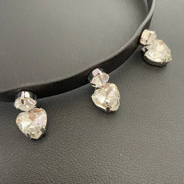 Alessandra Rich Black Silver Leather Choker Heart-Shaped Crystal Charms Necklace 6