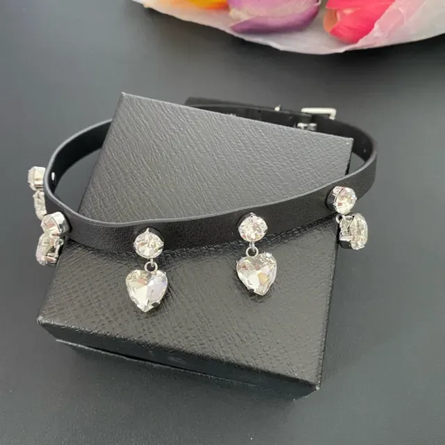 Alessandra Rich Black Silver Leather Choker Heart-Shaped Crystal Charms Necklace 7