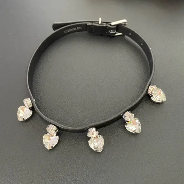 Alessandra Rich Black Silver Leather Choker Heart-Shaped Crystal Charms Necklace 8