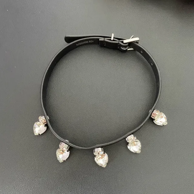 Alessandra Rich Black Silver Leather Choker Heart-Shaped Crystal Charms Necklace 9