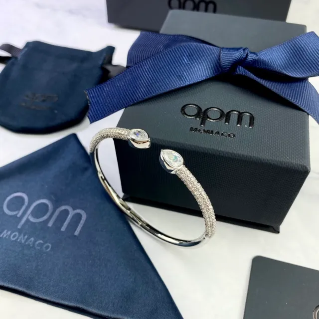 apm Monaco Pavé Teardrop Crystal Silver Bangle Bracelet 9