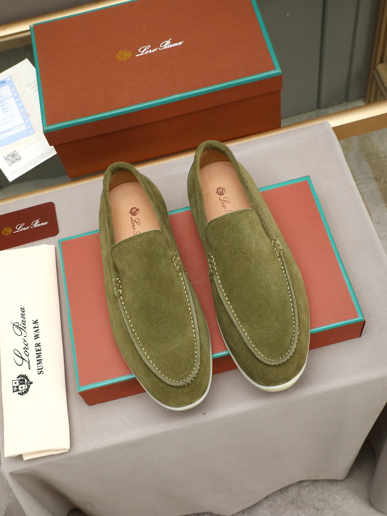 Army Green Beige Olive Suede Moc-Toe Stitching Loafer 2