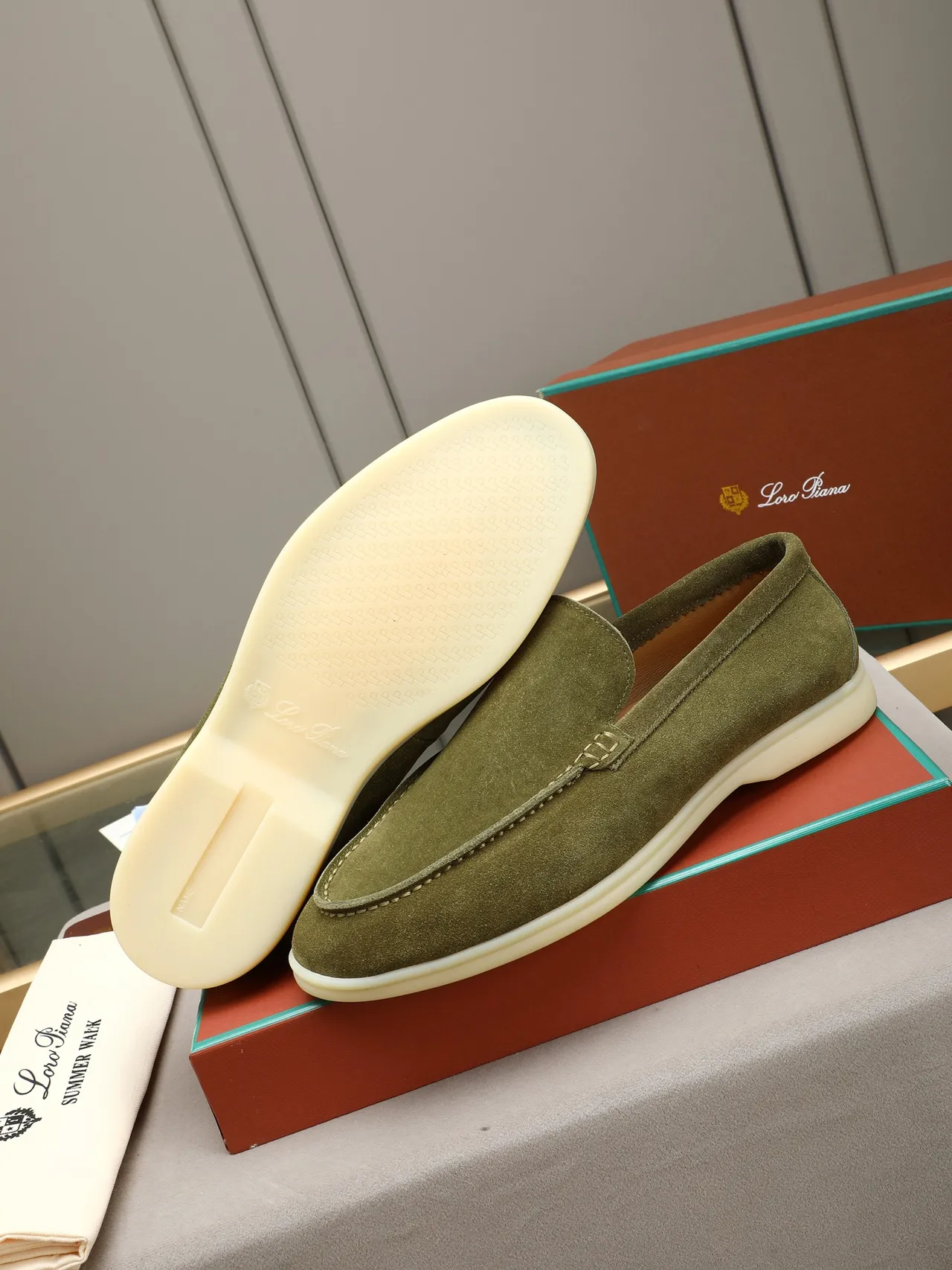 Army Green Beige Olive Suede Moc-Toe Stitching Loafer 4