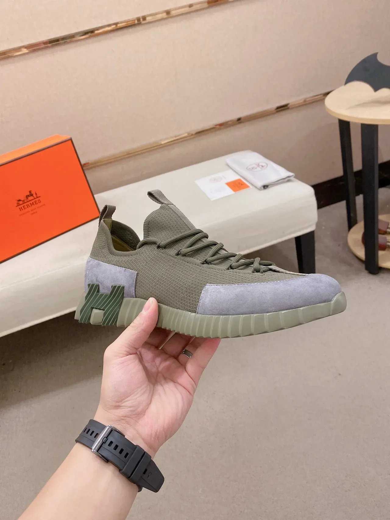 Army Green Gray Knit Upper Suede Overlays Sneakers 5