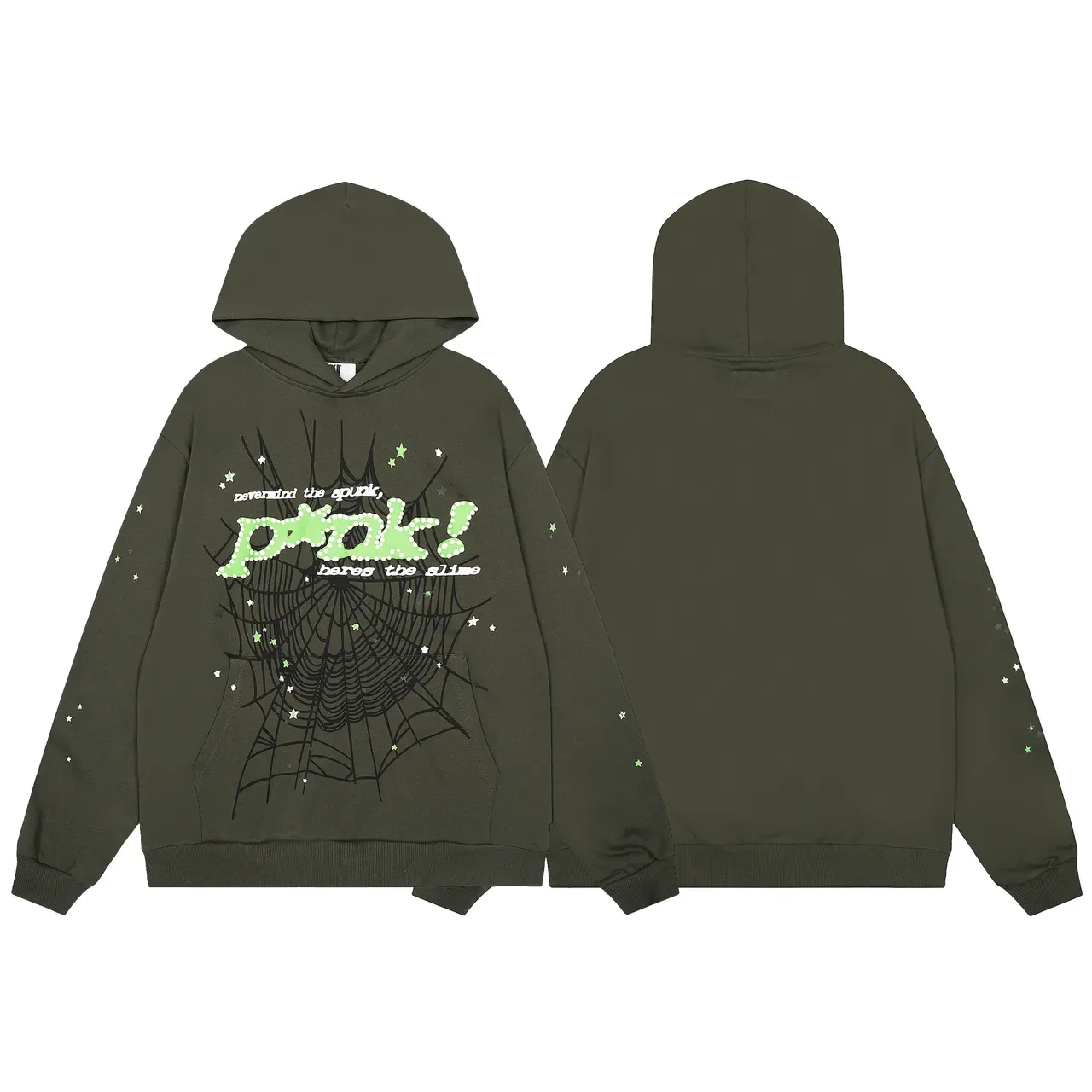 Army Green Oversized Fit Screen-Printed Spiderweb Graphic Hoodie 2