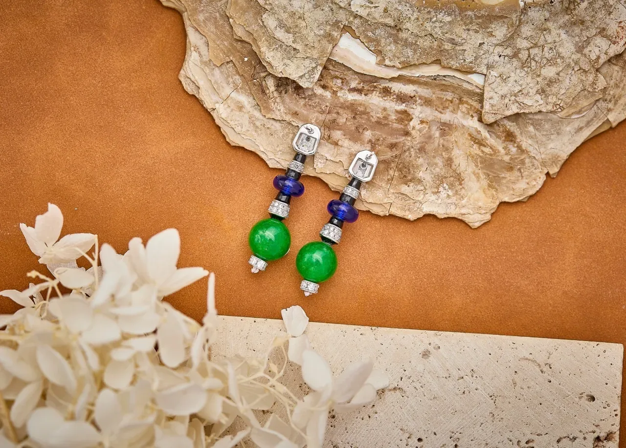 Art Deco-Inspired Green and Blue Gemstone Drop Earrings 2