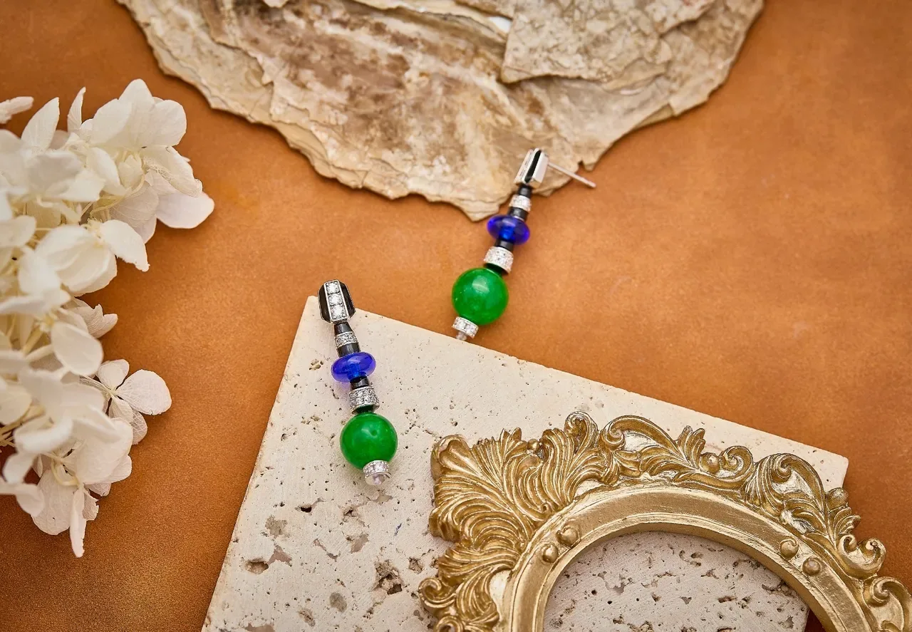 Art Deco-Inspired Green and Blue Gemstone Drop Earrings 3