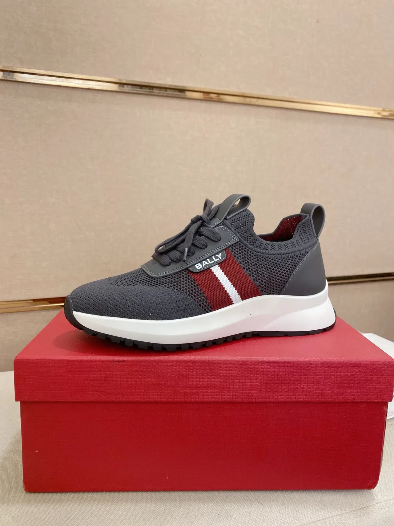 BALLY Gray Red Mesh Upper Color-Block Side Stripe Sneakers 1