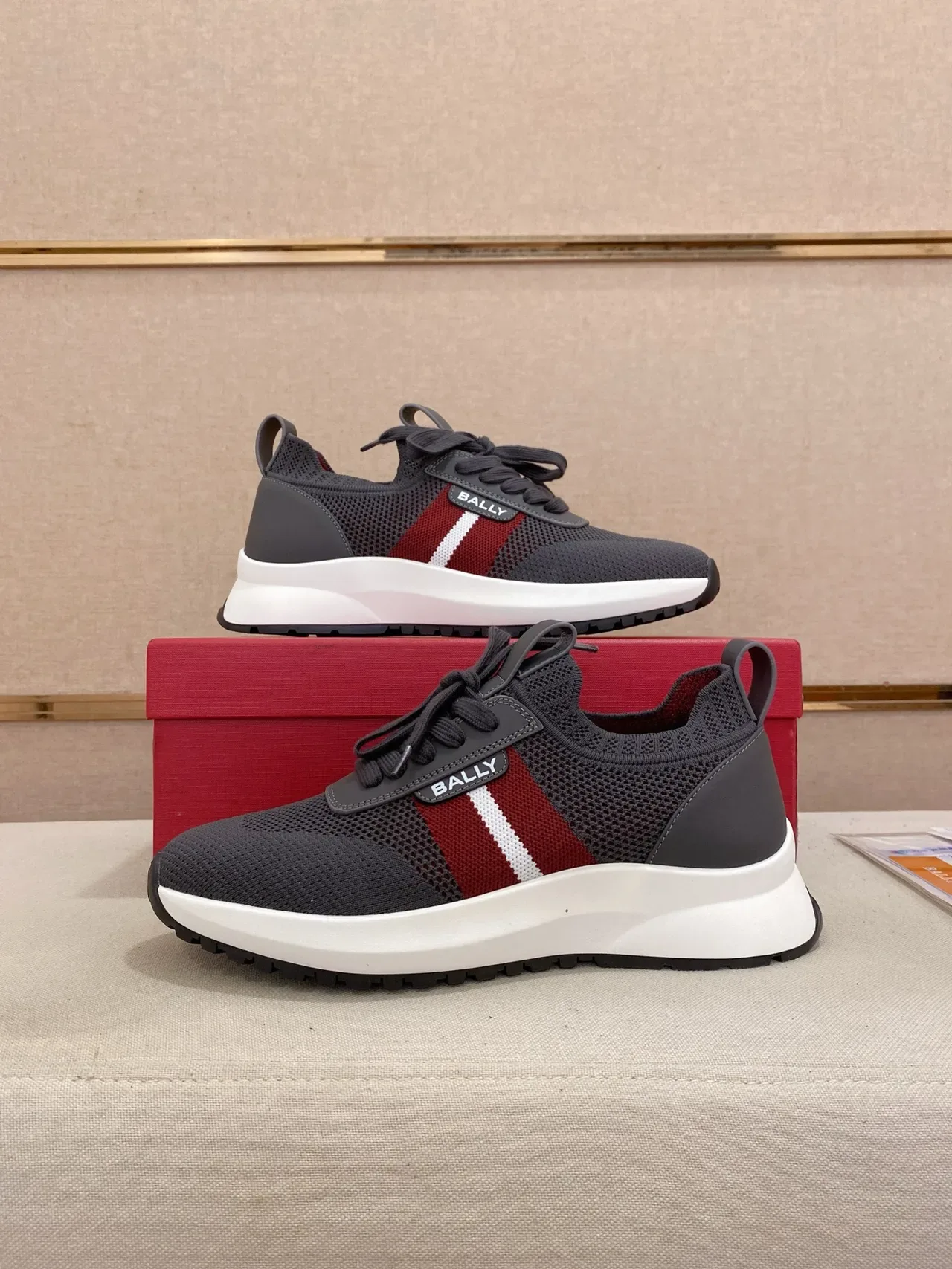 BALLY Gray Red Mesh Upper Color-Block Side Stripe Sneakers 4