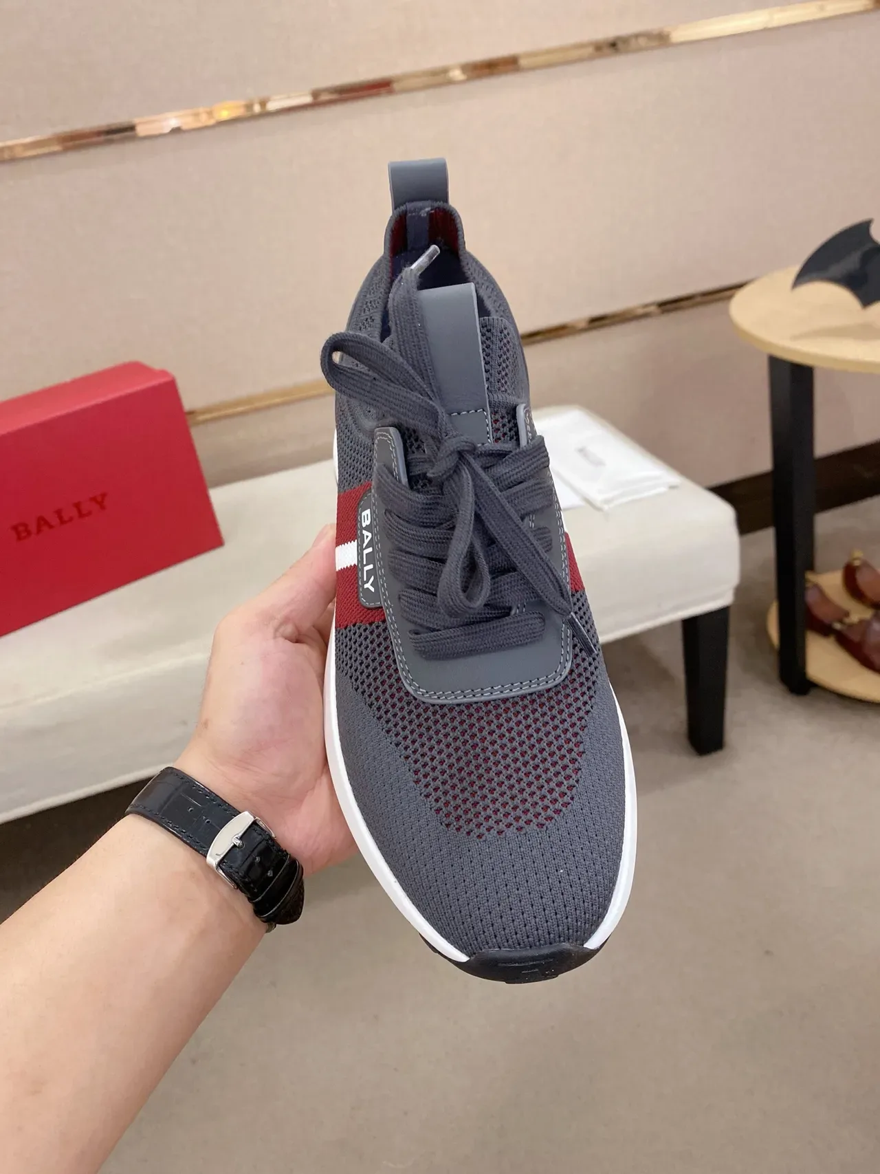 BALLY Gray Red Mesh Upper Color-Block Side Stripe Sneakers 6