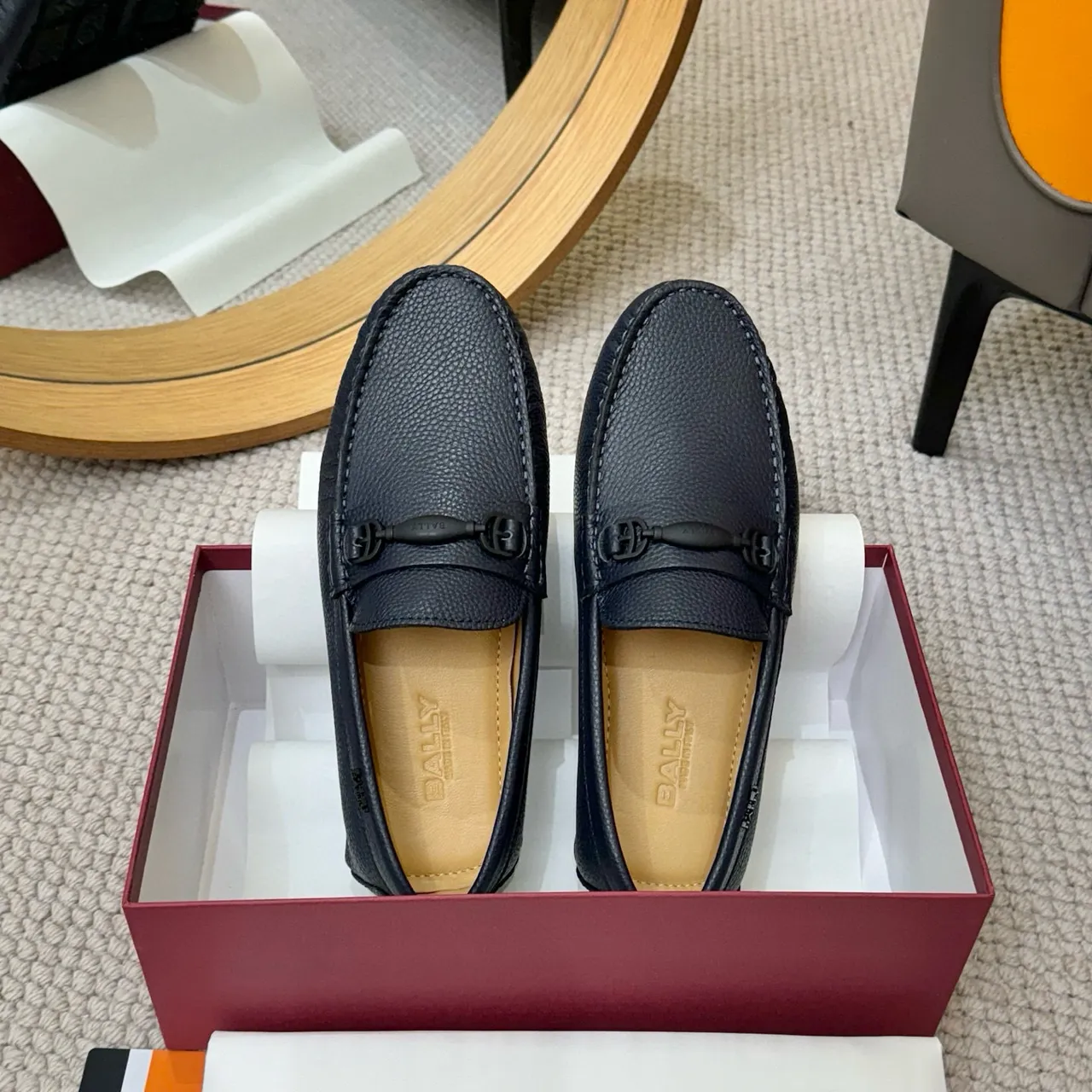 Bally Loafer Navy Beige Pebbled Leather Horsebit Buckle Loafer 4