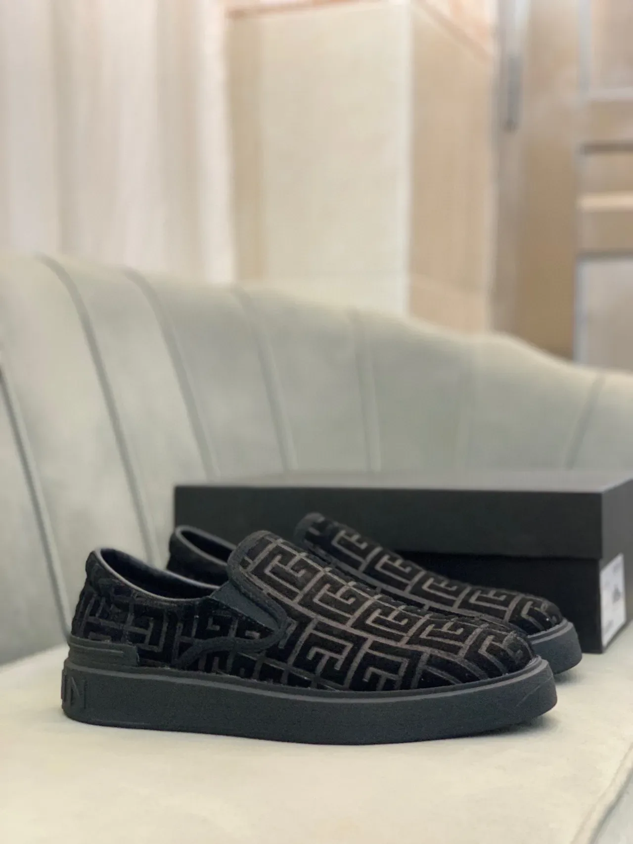 Balm Black Velvet Upper Greek Key Embossing Loafer 8