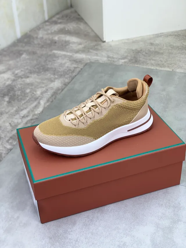 Beige Brown Knit Mesh Upper Contrasting Outsole Sneakers 5