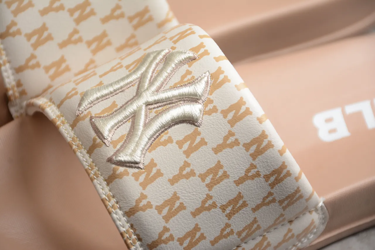 Beige Brown Monogrammed Strap Slide Slippers 6
