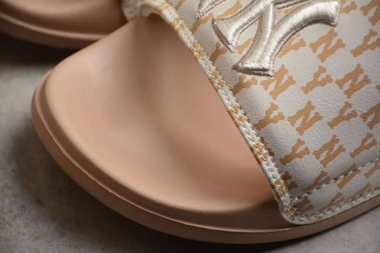Beige Brown Monogrammed Strap Slide Slippers 7
