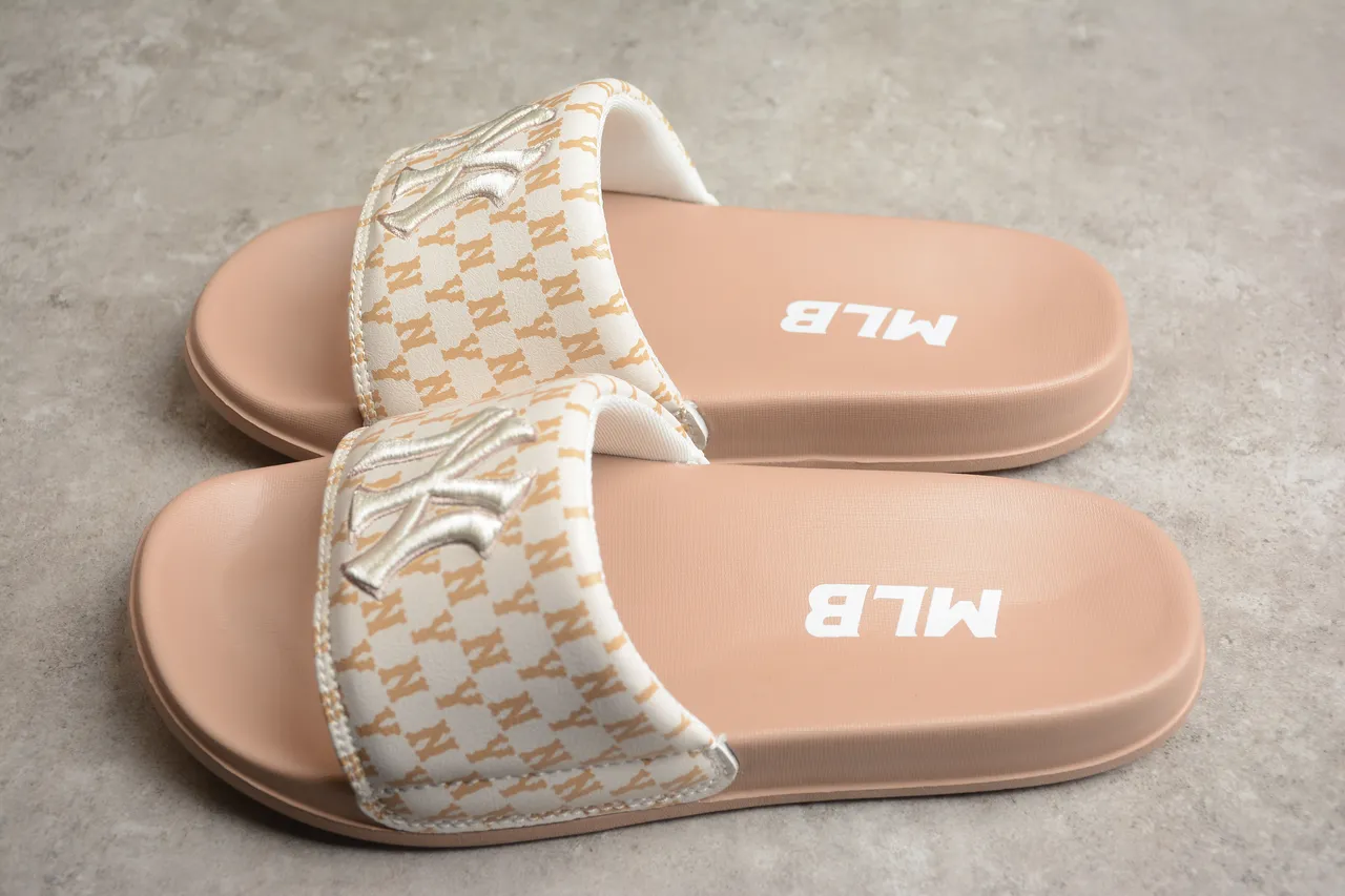 Beige Brown Monogrammed Strap Slide Slippers 8
