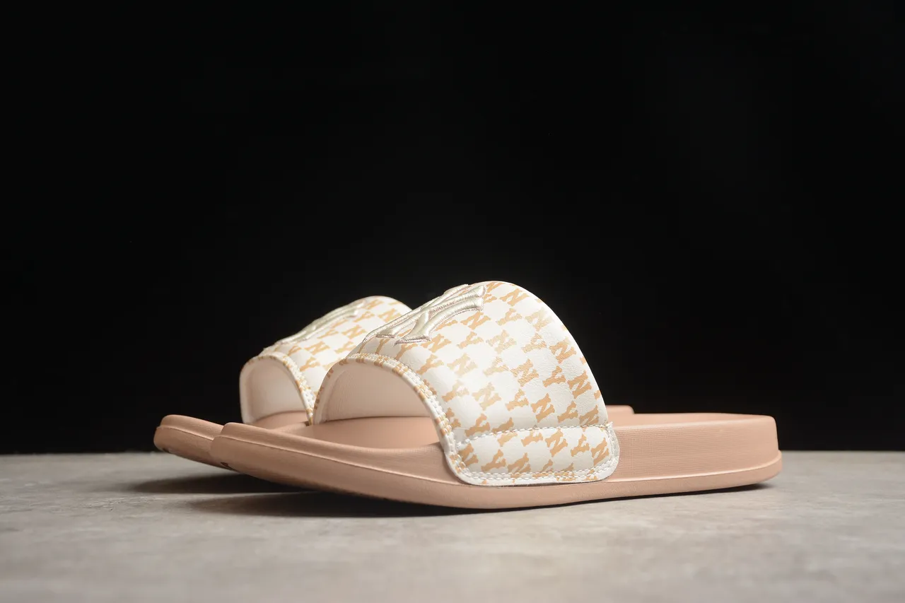 Beige Brown Monogrammed Strap Slide Slippers 13