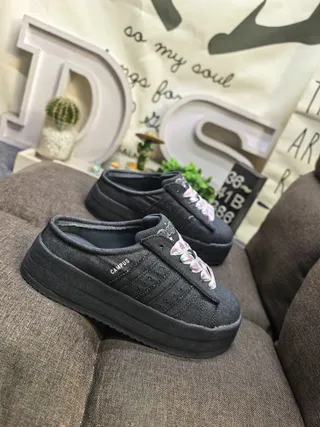 Beige Canvas Platform Mule Slip-On Casual Shoes 9