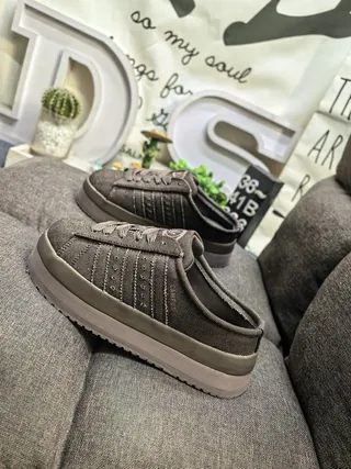 Beige Canvas Platform Mule Slip-On Casual Shoes 17