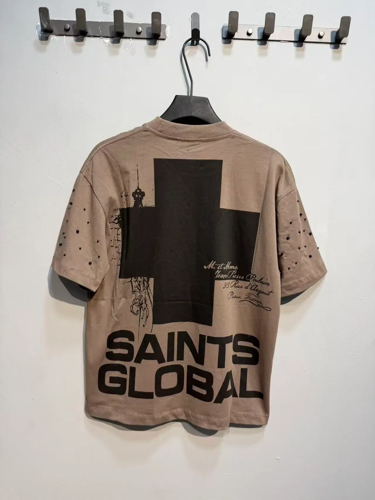 Beige Graphic-Print Studded Oversized T-Shirt 6