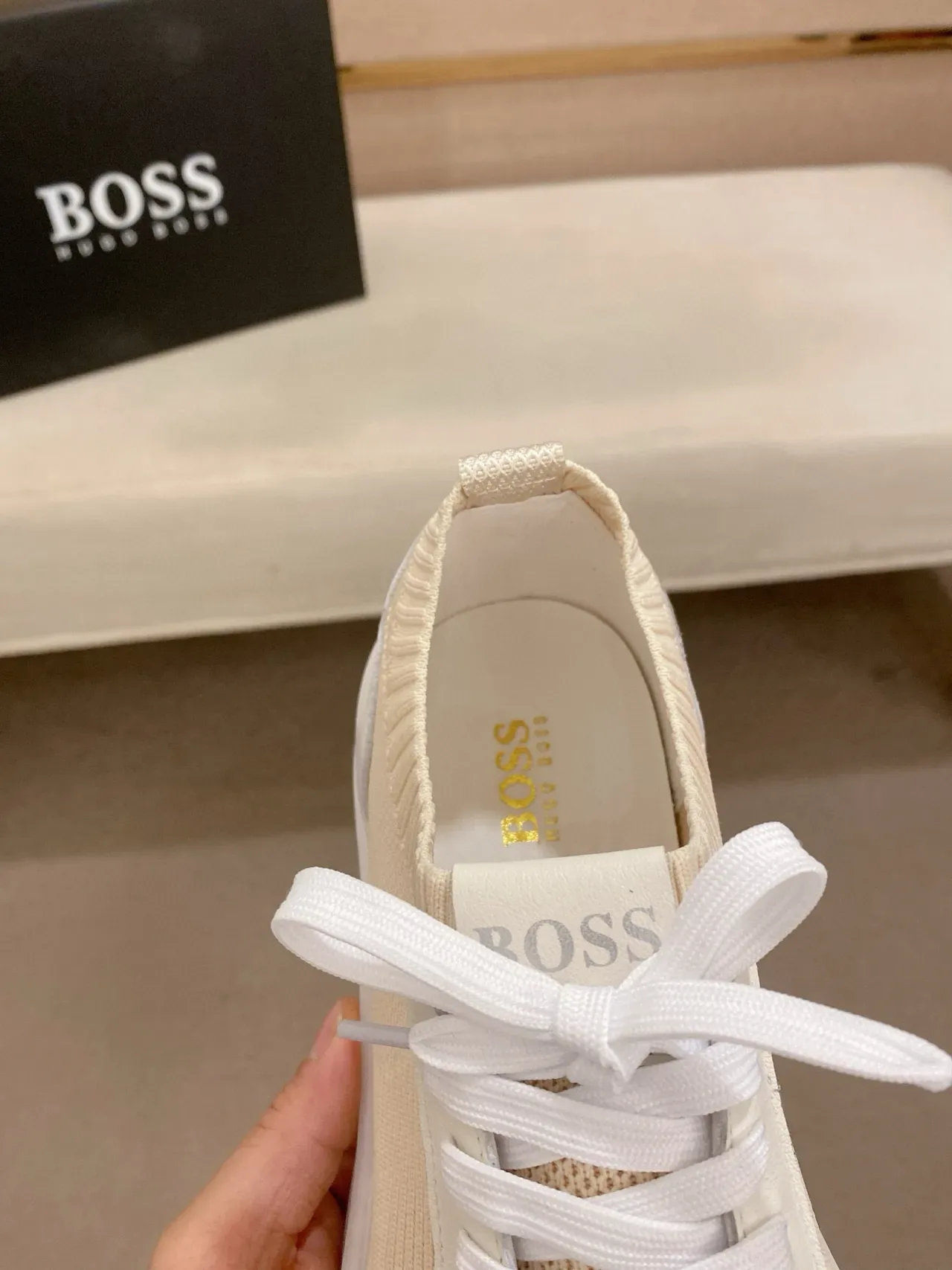 Beige Knit and Off-White Accent Lifestyle Sneakers 4