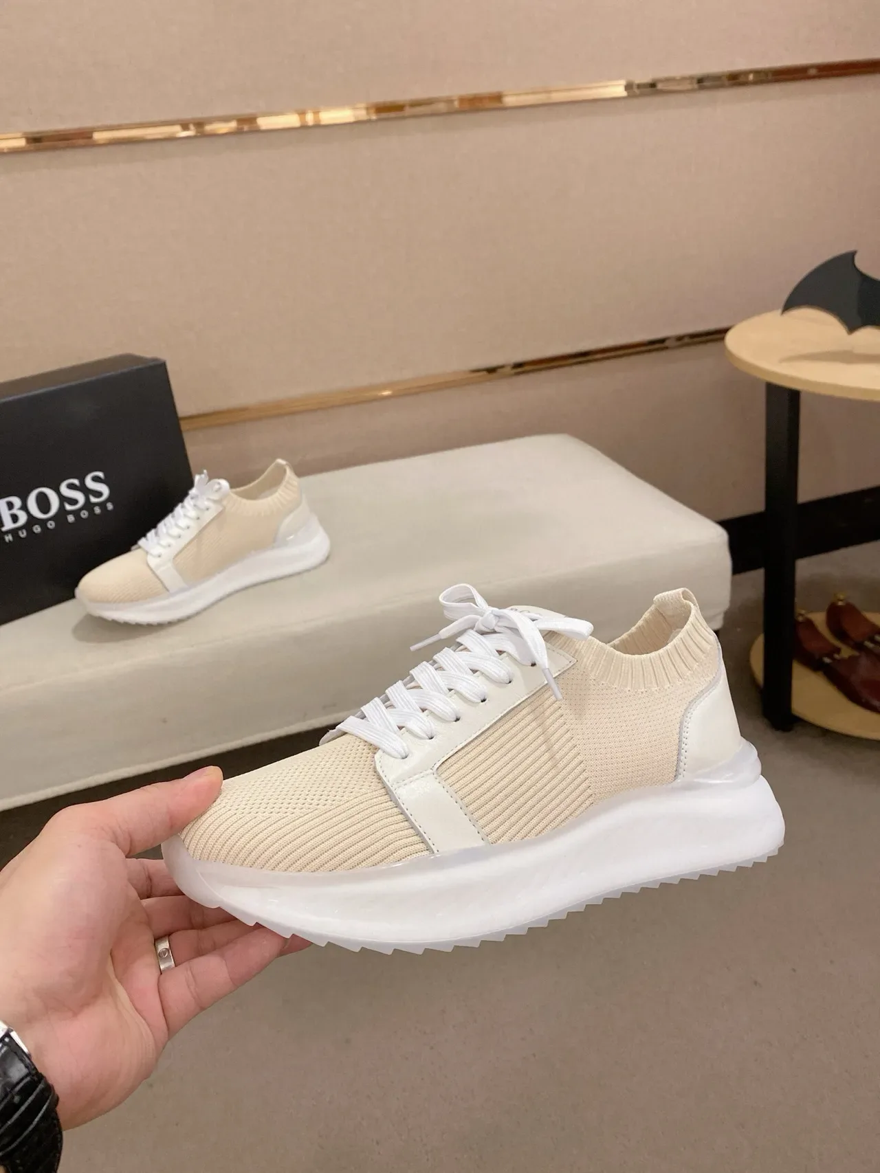 Beige Knit and Off-White Accent Lifestyle Sneakers 6