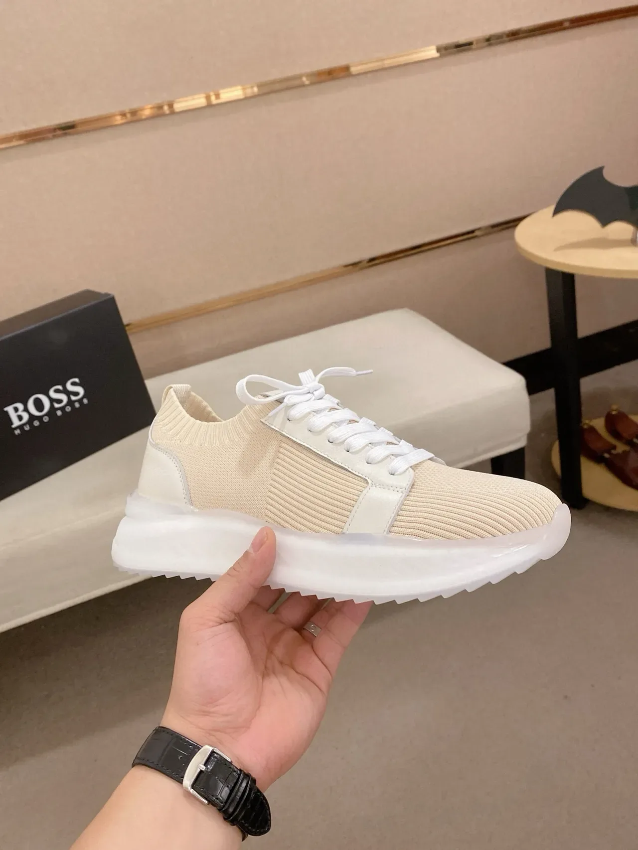 Beige Knit and Off-White Accent Lifestyle Sneakers 8