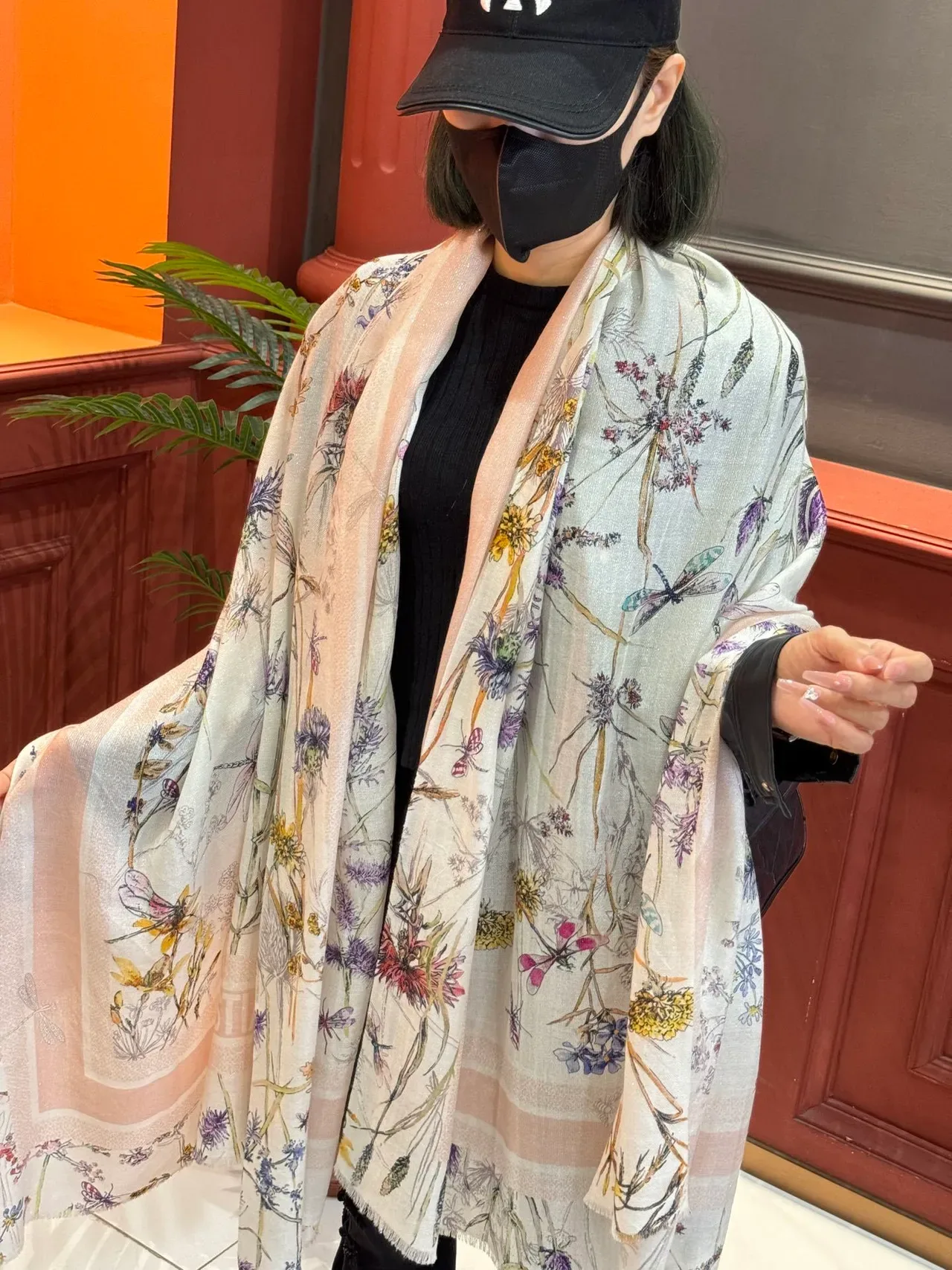 Beige Multicolor Botanical Print Sheer Lightweight Silk Scarf 2